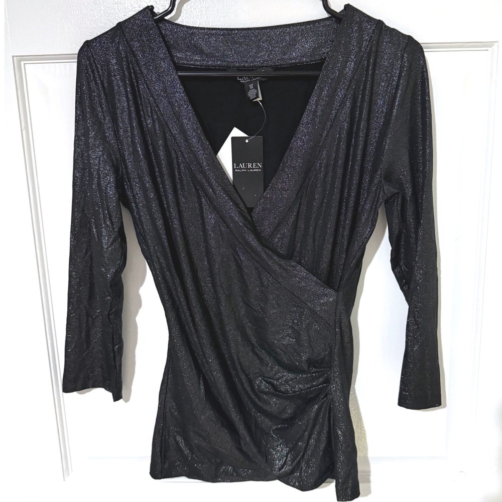 Lauren Ralph Lauren Black Silver Metallic Surplice Ruched Top NWT Size S